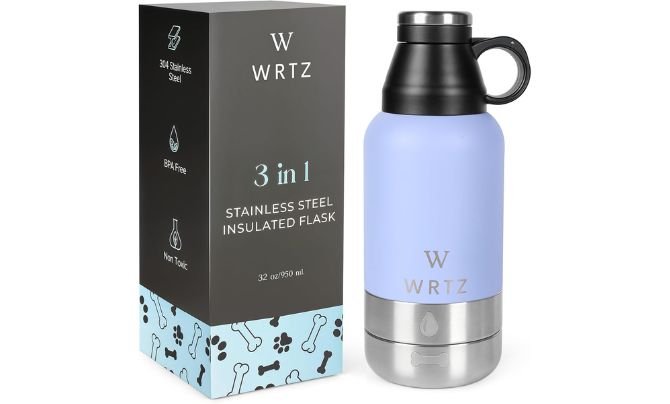 WRTZ Stainless Steel Insulated Dog Water Bottle with 2 Removable Bowls