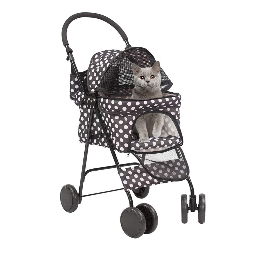 LONABR Folding Dog Stroller Travel Cage Stroller for Pet Cat Kitten Puppy Carriages - Large 4 Wheels Elite Jogger