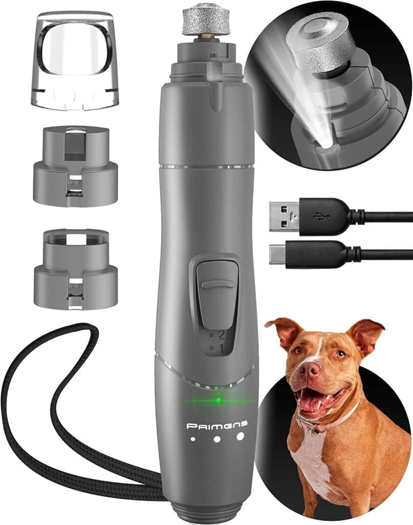 Primens Dog Nail Grinder with LED Light, Rechargeable Dog Nail Grinder for Large Dogs, Medium & Small Dogs