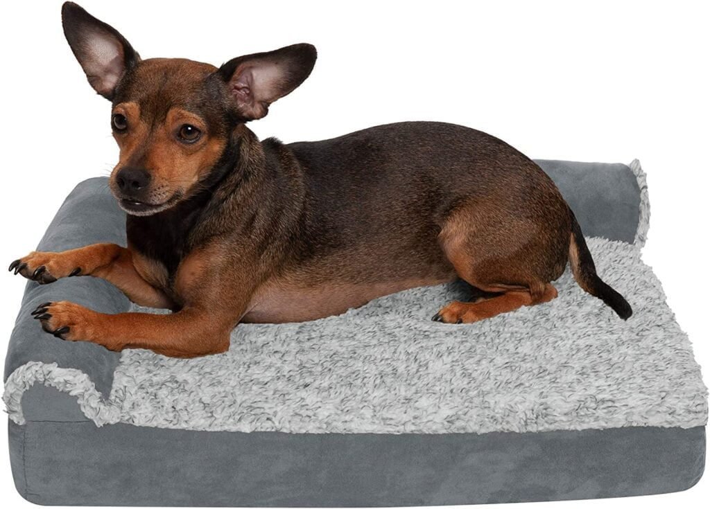 Furhaven Two-Tone Faux Fur & Suede L-Shaped Chaise Egg Crate Orthopedic Foam Dog Bed