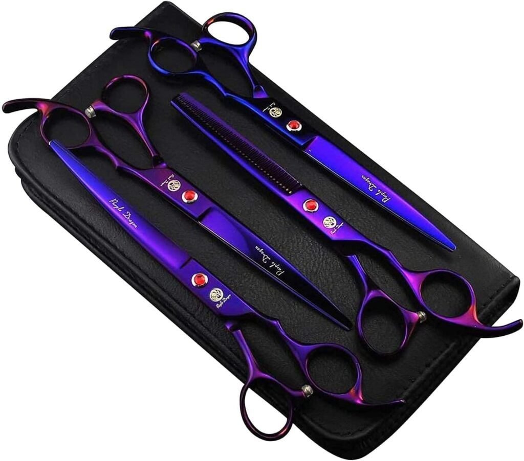 Purple Dragon Professional 7.0 inch 4PCS Pet Grooming Scissors Kit - Premium Steel Shears Set for Dog Hair Cutting
