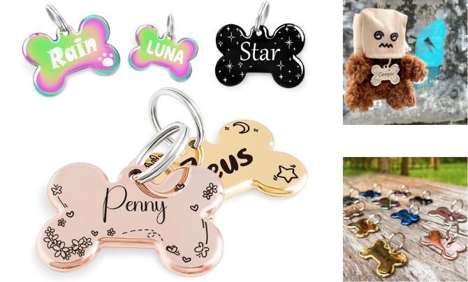 MEOW the WOOF Flower Crown Pattern Art Design Customizable Bone ID Tags